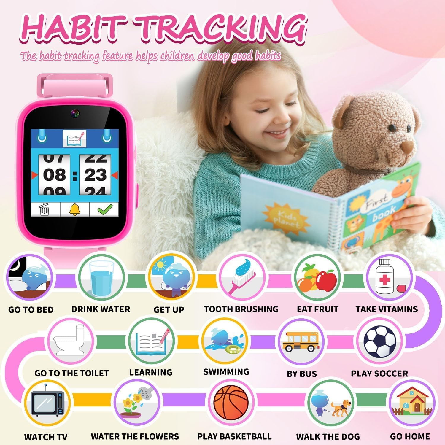 Kids Touchscreen Smartwatch with Cameras - Music Player, Educational Toy Pedometer Ideal Toddler Gifts for 3-10-Year-Olds - Birthday Present for 6-8-Year-Old (Pink)