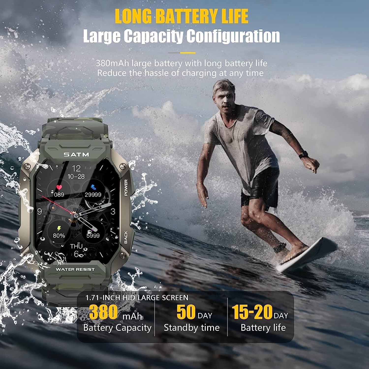 Military Smartwatch for Men Outdoor Tactical Sports Watch 5ATM Waterproof 1.71 Inch Fitness Tracker Heart Rate Sleep Monitor Smart Watch Compatible with Android iPhone Samsung (GreenExBand)