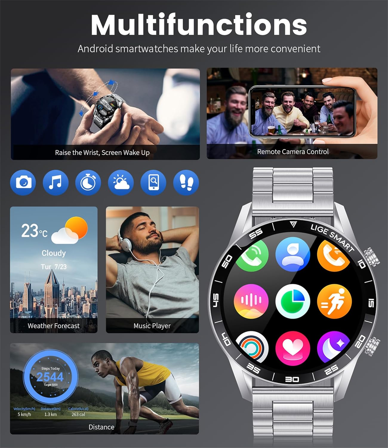 Stainless Steel Smart Watch with Bluetooth Calls - Full Touch Screen 1.3” IP67 Waterproof Fitness Tracker with Heart Rate Monitor Sleep Tracker and More (Silver)