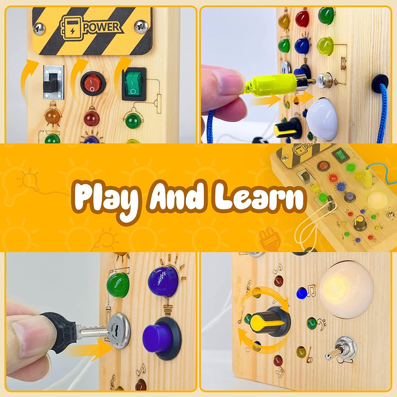 Konijiwa Montessori Busy Board – Wooden LED Sensory Toy for Toddlers (8 Switches)