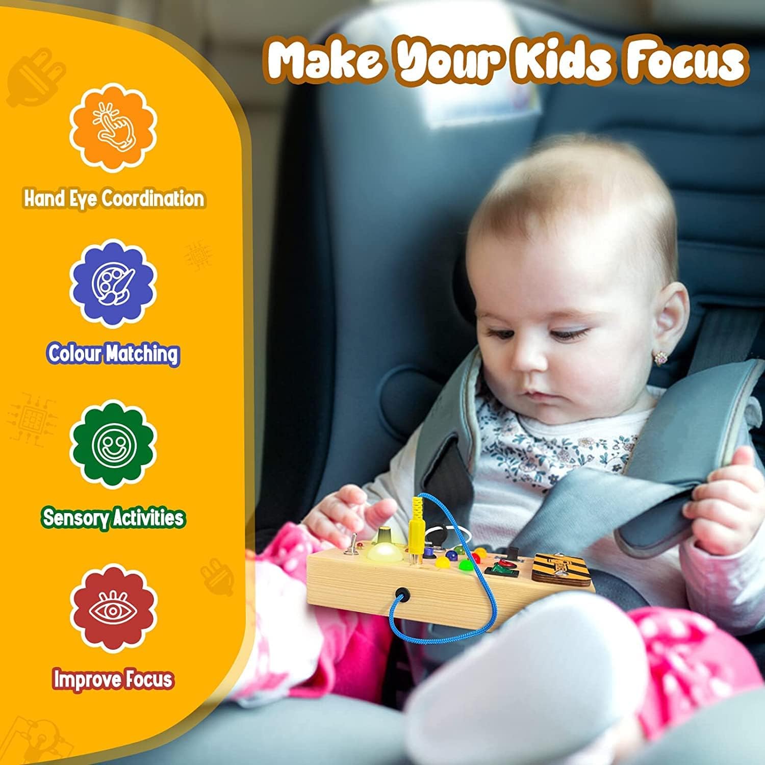 Konijiwa Montessori Busy Board – Wooden LED Sensory Toy for Toddlers (8 Switches)