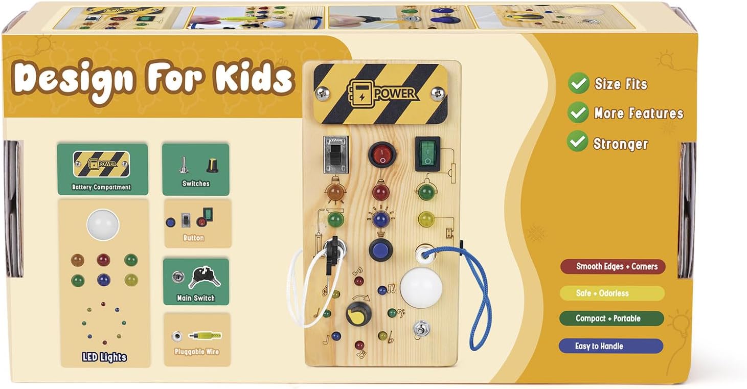 Konijiwa Montessori Busy Board – Wooden LED Sensory Toy for Toddlers (8 Switches)