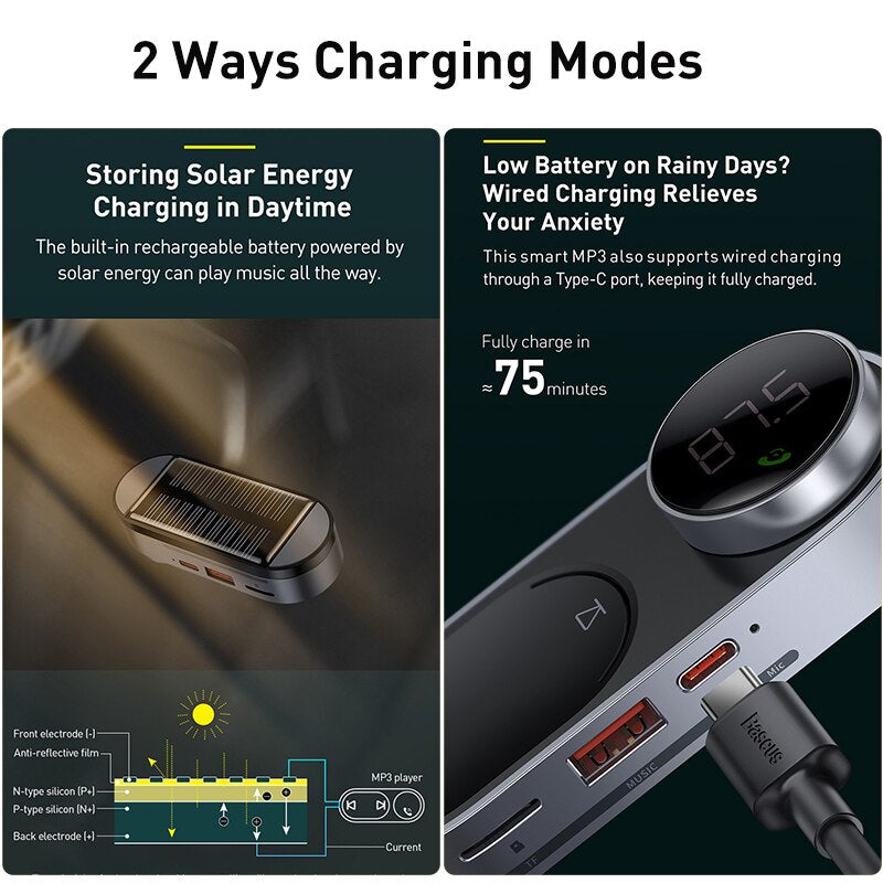 Baseus Wireless Solar Car FM Transmitter Modulator MP3 Player USB Car Charger