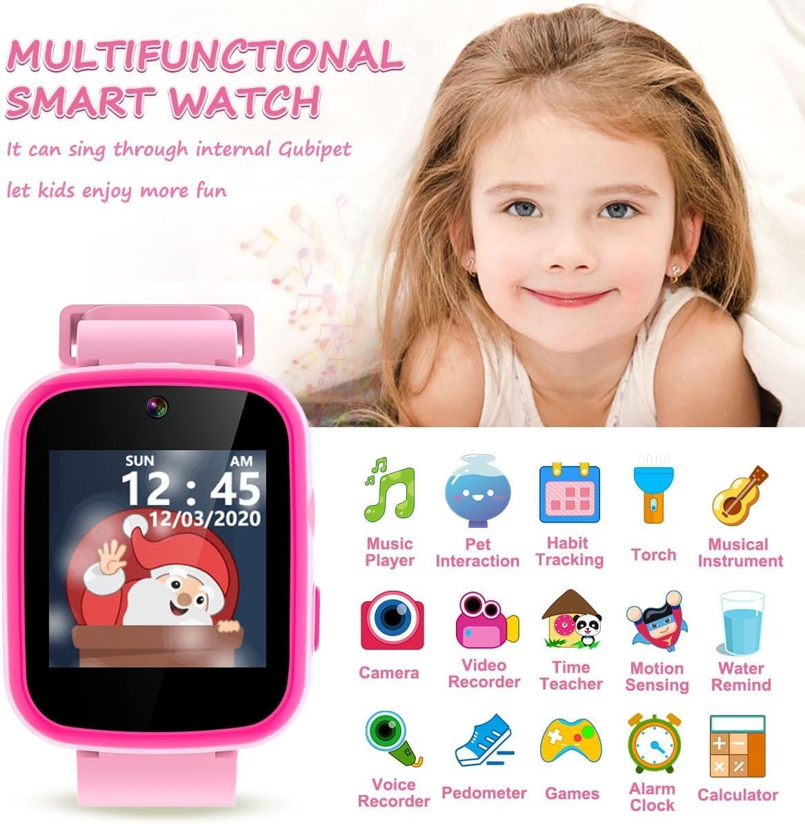 Kids Touchscreen Smartwatch with Cameras - Music Player, Educational Toy Pedometer Ideal Toddler Gifts for 3-10-Year-Olds - Birthday Present for 6-8-Year-Old (Pink)