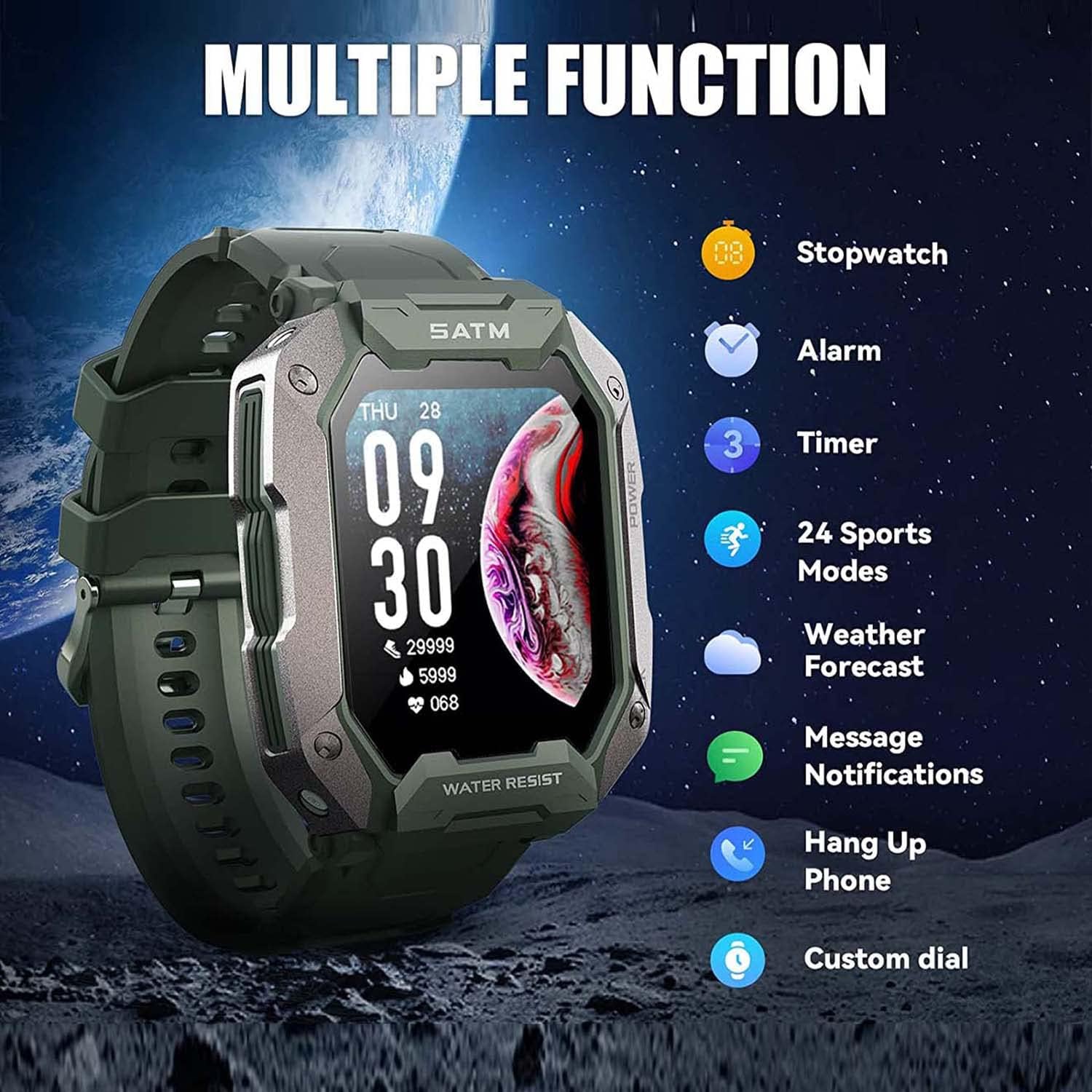 Military Smart Watch for Men Outdoor Tactical Sports Watch 5ATM Waterproof 1.71 Inch Fitness Tracker Heart Rate Sleep Monitor Smartwatch Compatible with Android iPhone Samsung (Green)