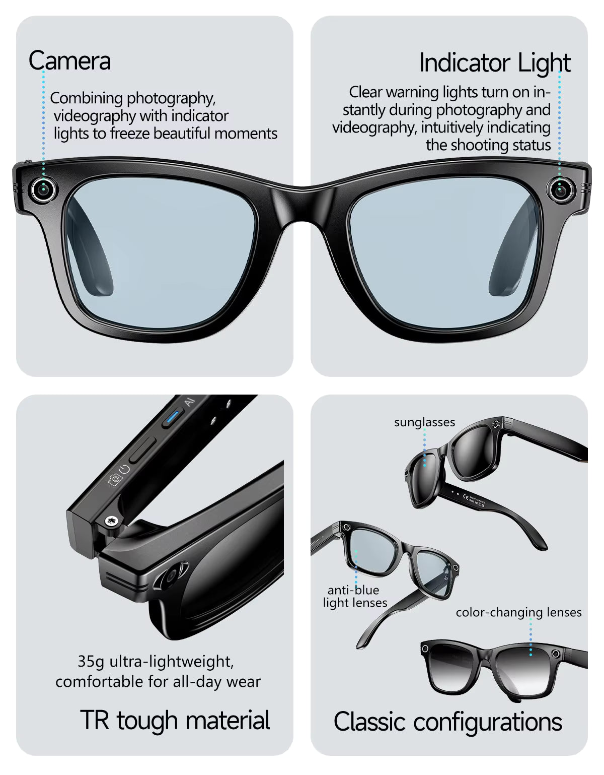 Sunglasses with camera and indicator light features on a gray background