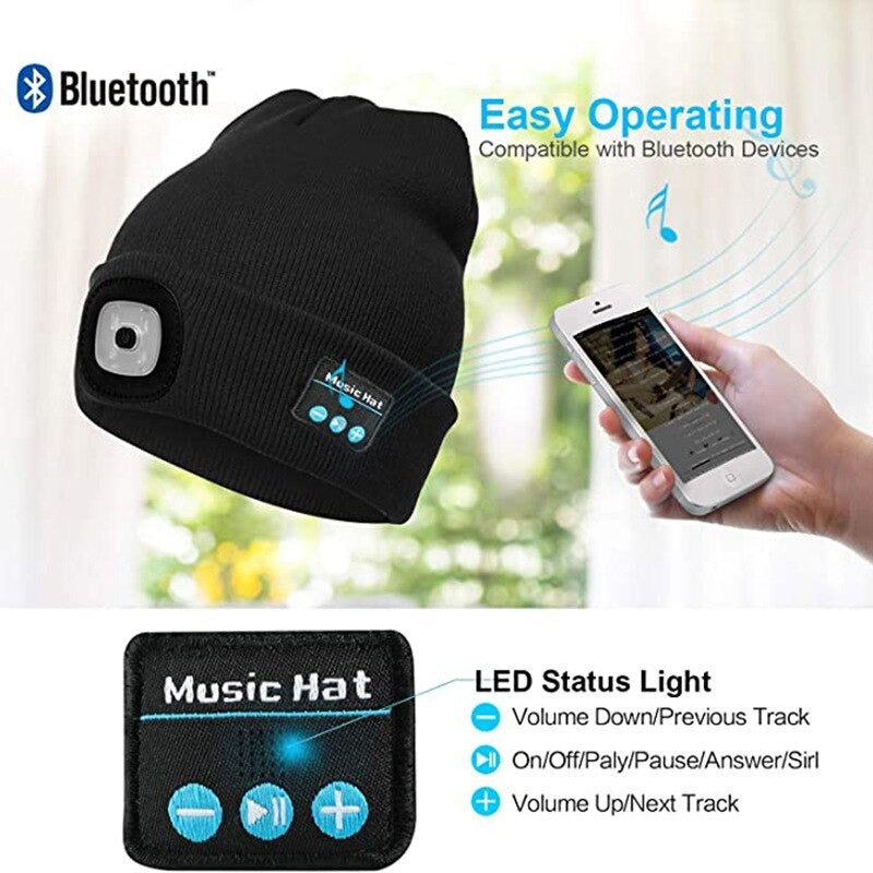 Fleece Beanie Cap with Built-in Speaker LED Light